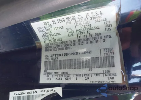 1993 Ford F150 из США, поврежденный, VIN 1FTEX15H8PKB71342